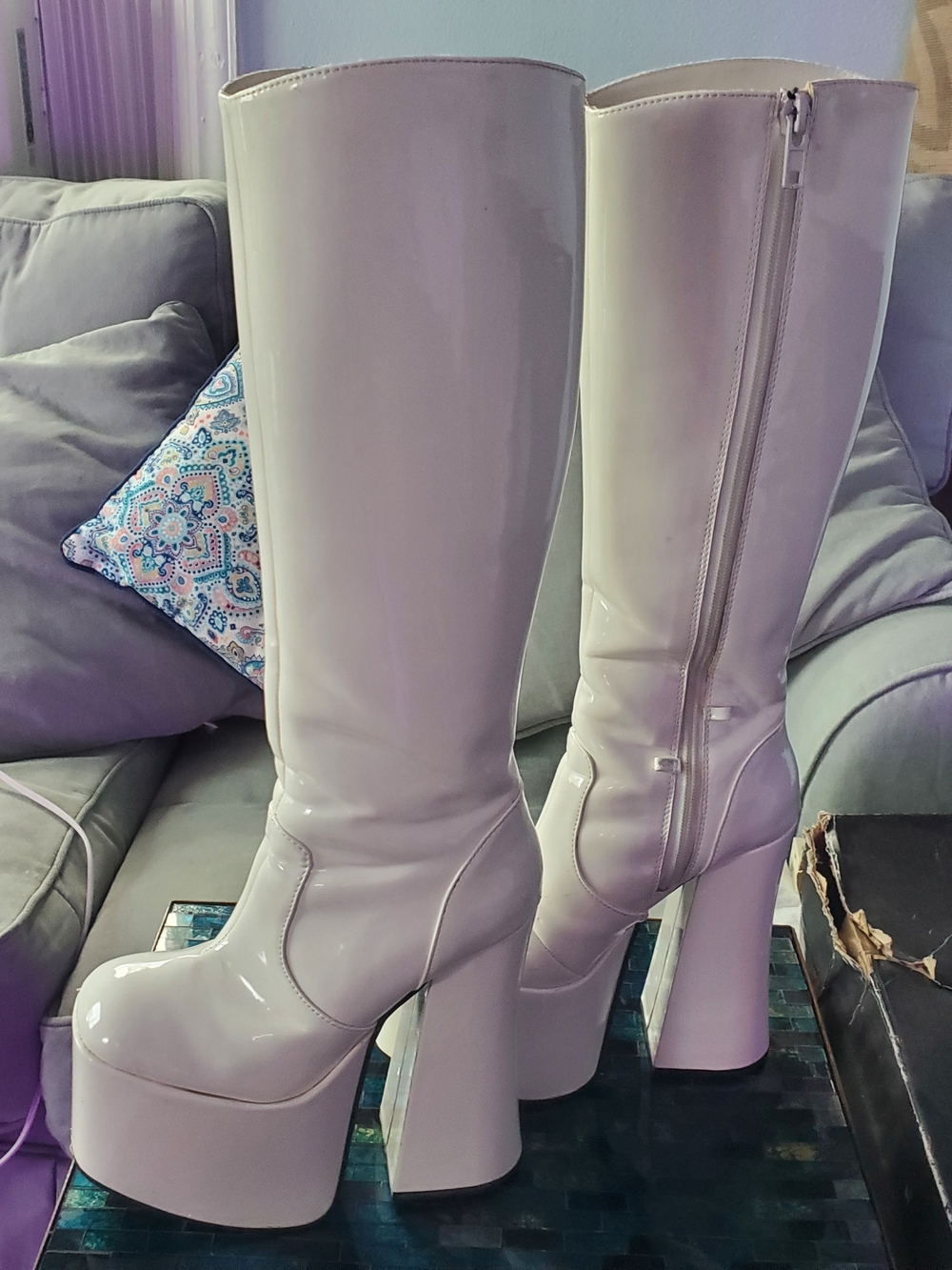 CLUB EXX BOOTS Patent White Over-the-Knee Platform Boots with Block Heel - Picture 4 of 8